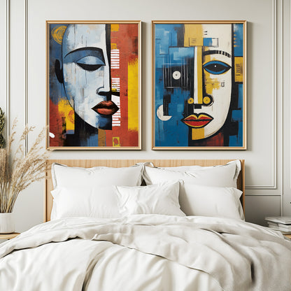 Contemporary African art set of 2 prints – abstract woman and man portraits, colorful above bed wall decor, aesthetic room design