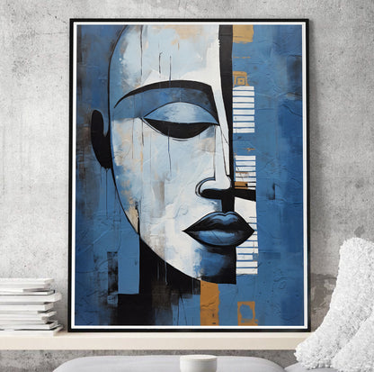 Contemporary African American art – abstract woman portrait, navy blue and grey minimalist print