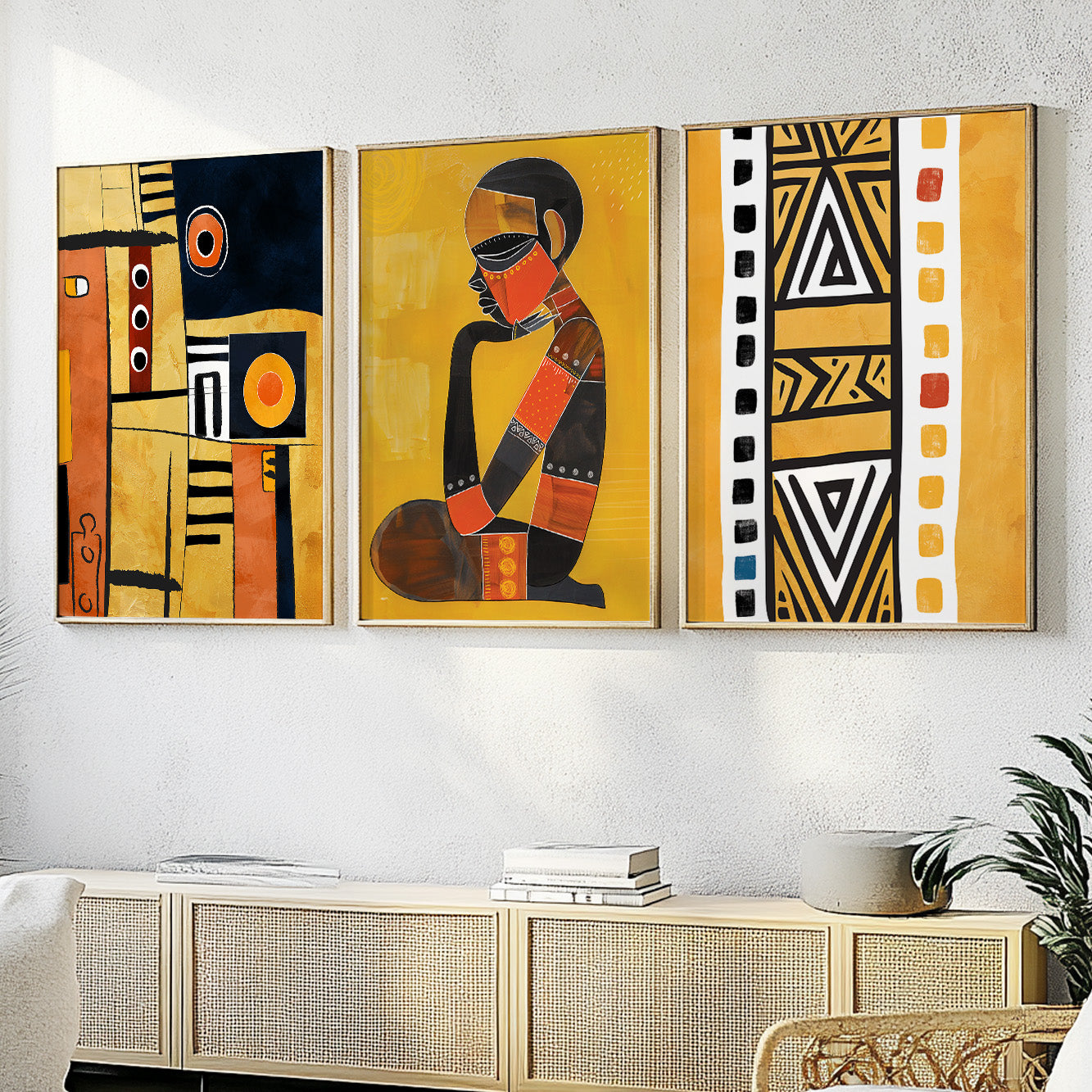 Colorful mustard African art prints set of 3, vibrant abstract posters for contemporary living room decor