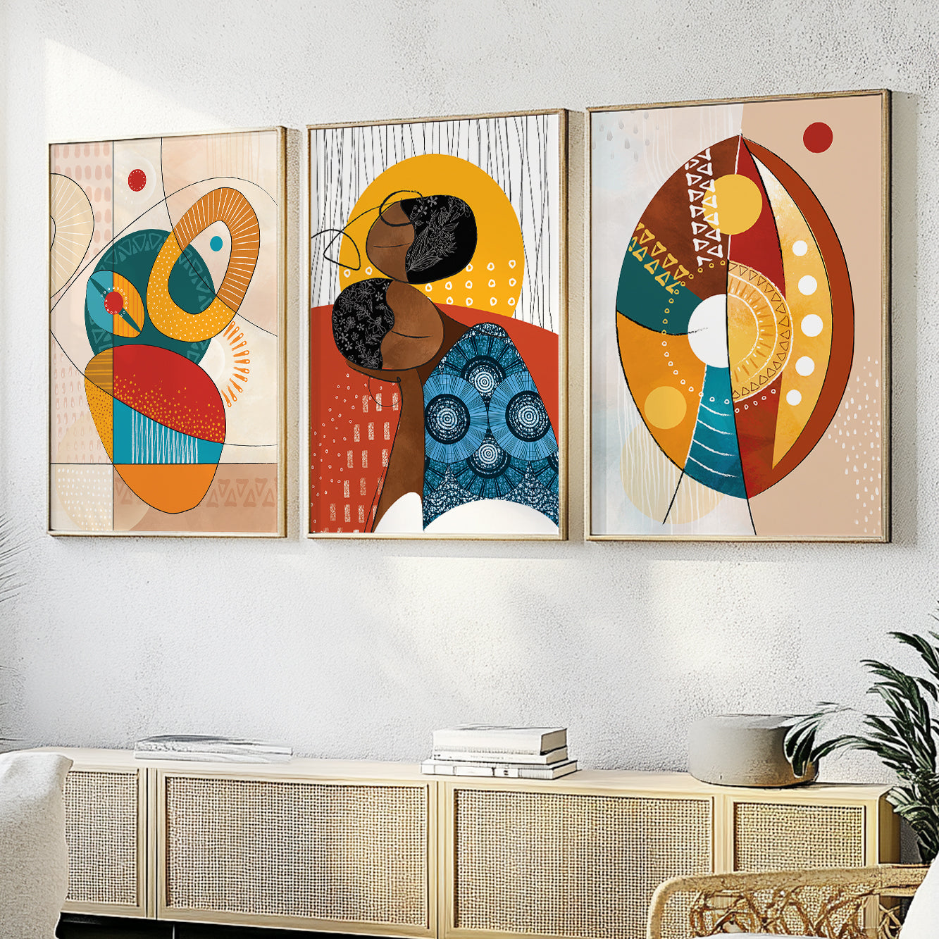 Modern colorful African art set of 3 prints, abstract black girl poster for contemporary home decor