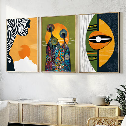 Tribal black woman abstract art set of 3, bright and colorful African prints for stylish home decor