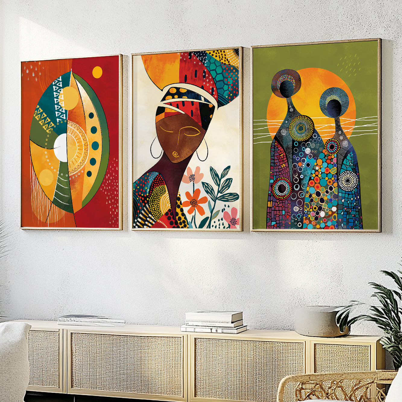 Set of 3 minimalist African abstract art prints, featuring black woman portrait for bedroom decor