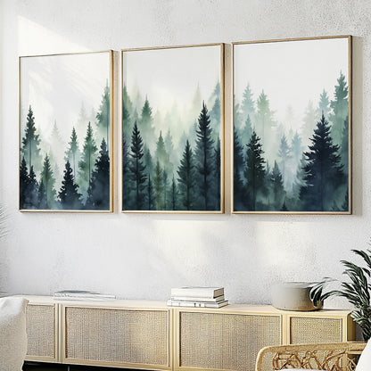 Mountain Wall Art Set of 3 Prints – Foggy Pine Trees and Mountain Forest Landscape Posters