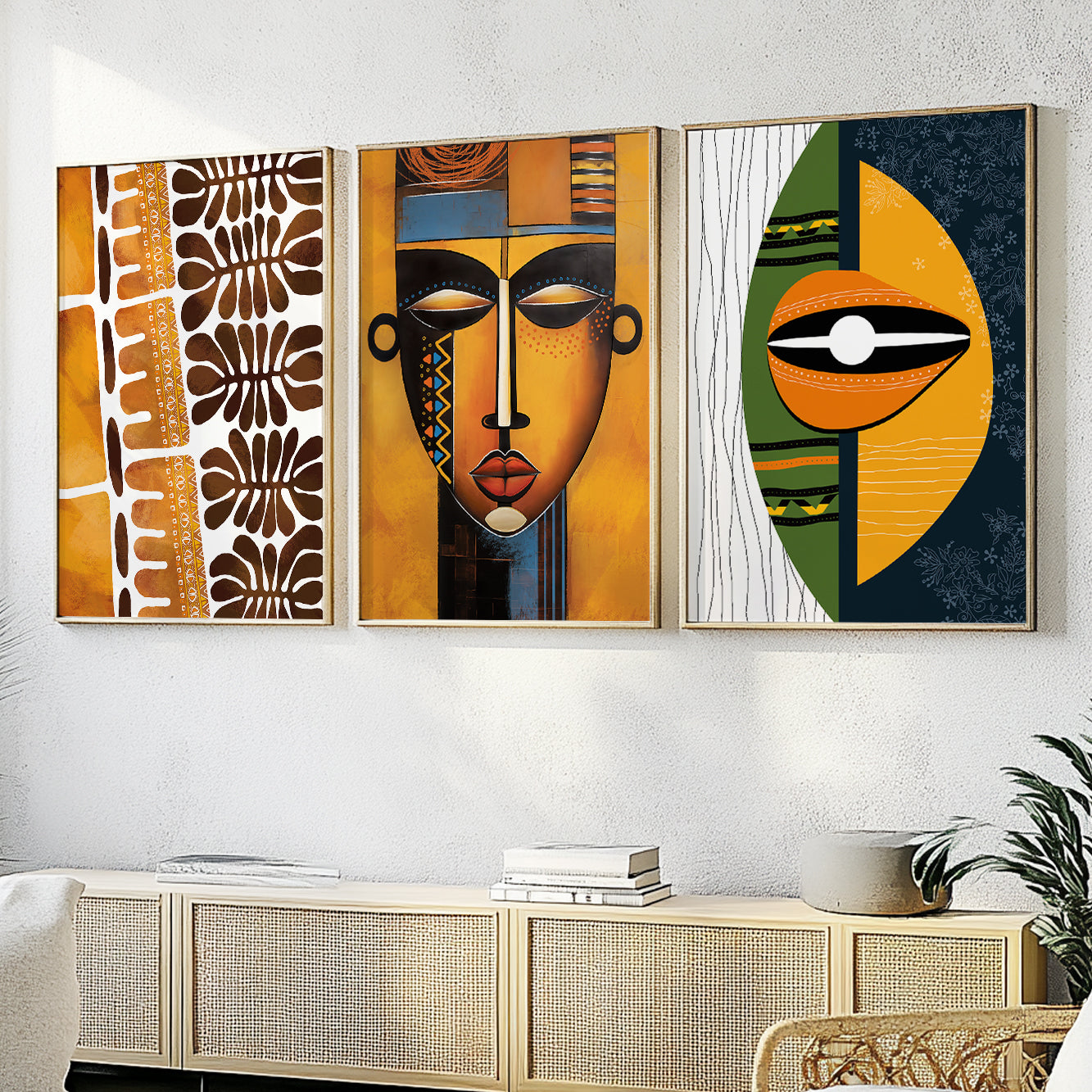 Set of 3 Colorful Abstract African Wall Art – Modern Ethnic Art for Living Room