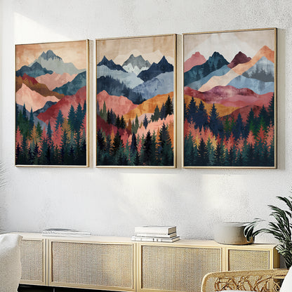 Mid Century Modern Mountain Wall Art Set of 3 – Colorful Nature Boho Landscape Prints