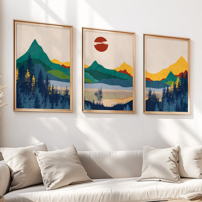 Boho Abstract Mountain Wall Art Set – 3 Prints, Mid Century Modern Minimalist Landscape