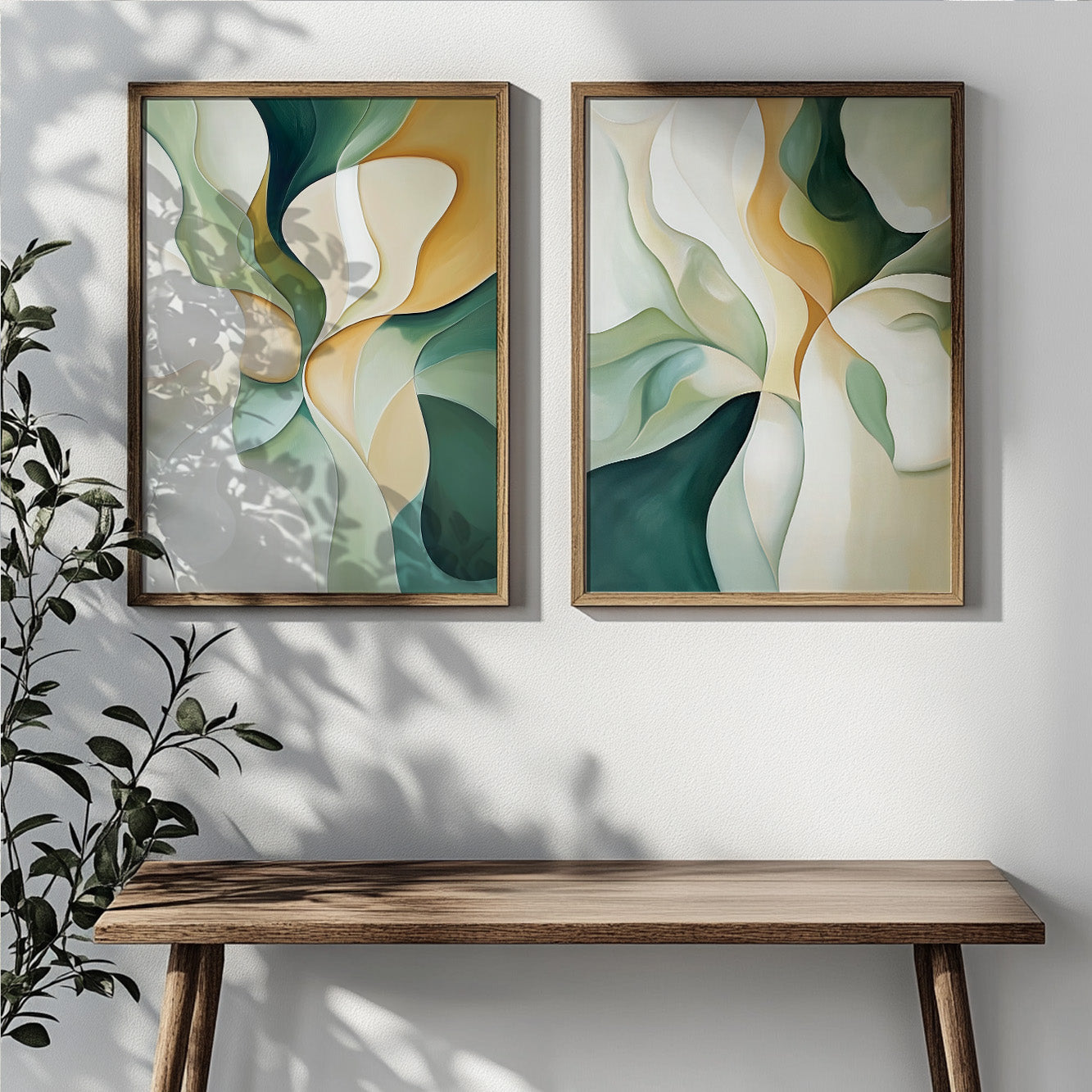 Emerald Green Beige Set of 2 – Modern Brush Stroke Abstract Art