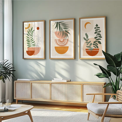 Terracotta beige boho print set of 3. Mid century modern neutral wall art posters. Bohemian livingroom, above bed large gallery wall art