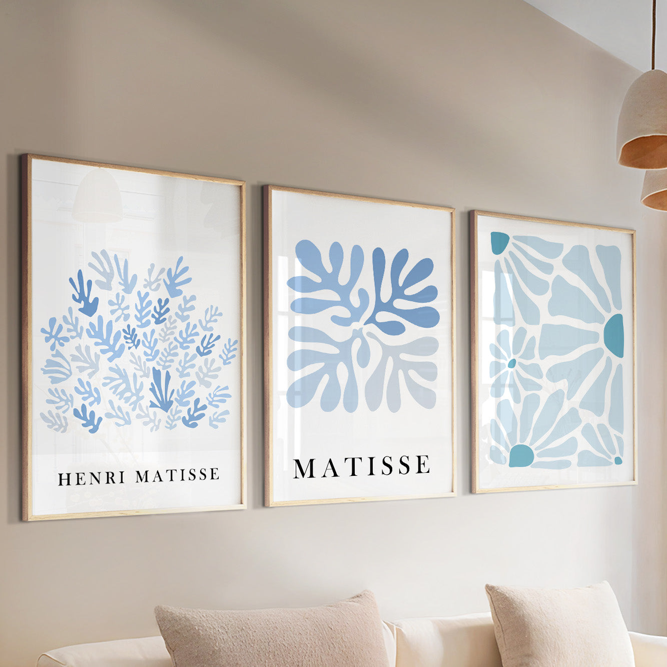 Blue Matisse set of 3 prints. Neutral minimalist mid century gallery wall set, vintage trendy Henri Matisse print, livingroom posters