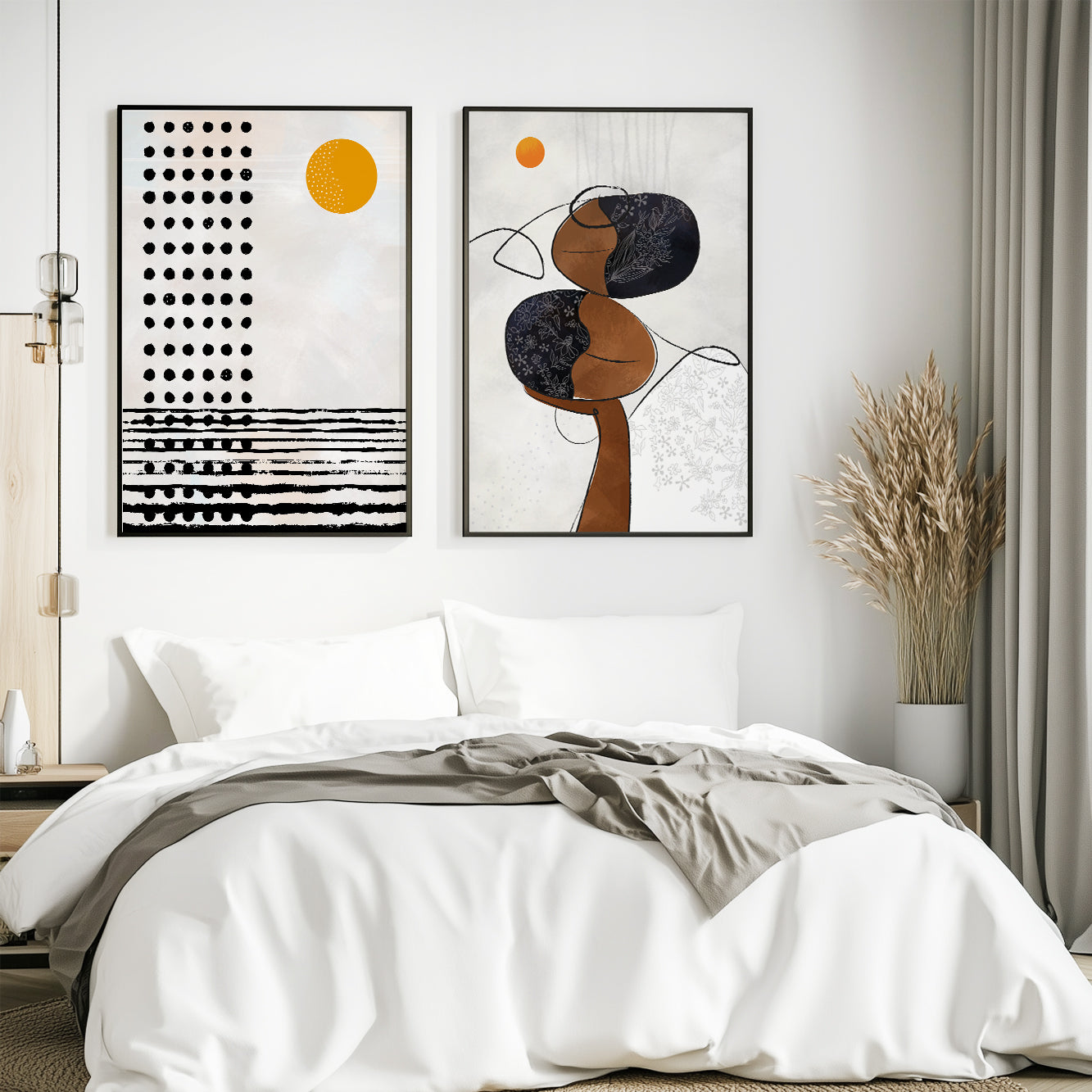 Abstract black woman art set of 2 – mid-century modern neutral African American gallery wall decor for living room or above bed