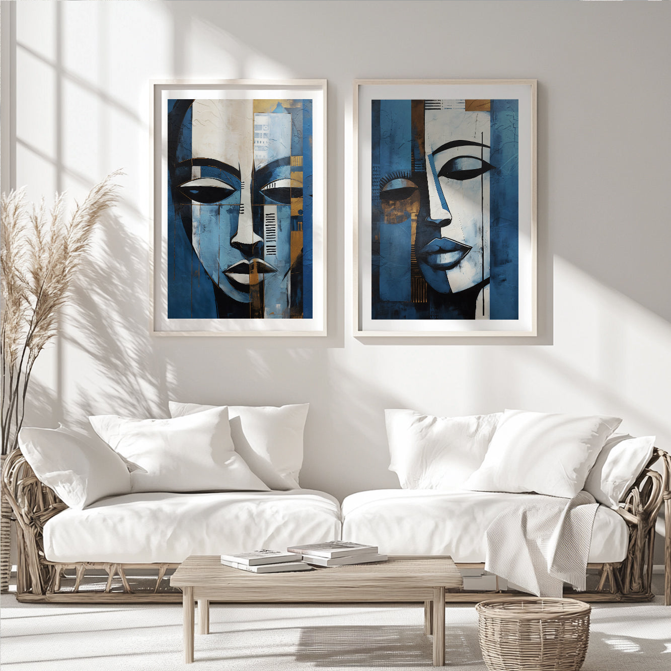 Contemporary abstract woman portrait set, deep blue aesthetic art prints