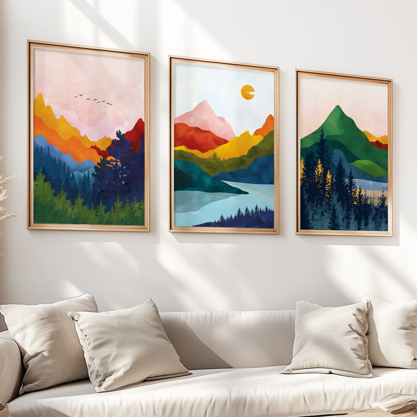 Modern Scandinavian Abstract Mountains Print Set of 3 – Colorful Nordic Landscape Wall Art for Gallery