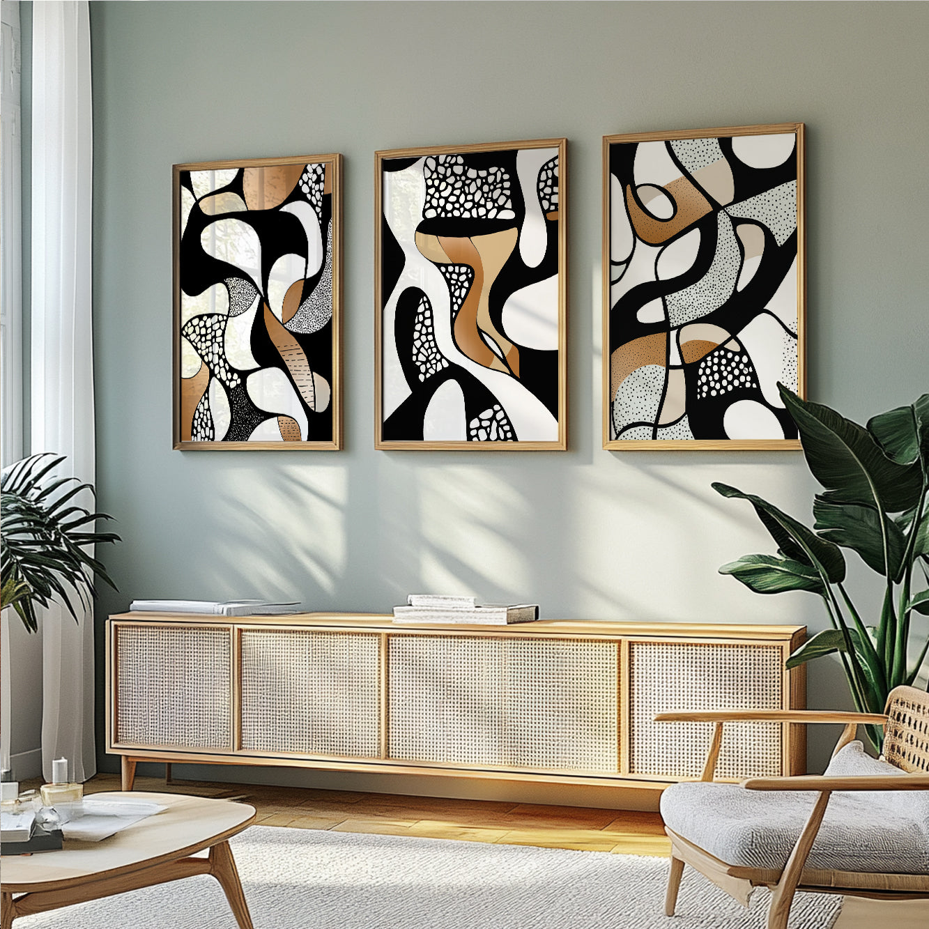 Abstrakte Wandkunst 3er Set – Geometrische nordische Schwarz-Weiß-Beige-Kunst