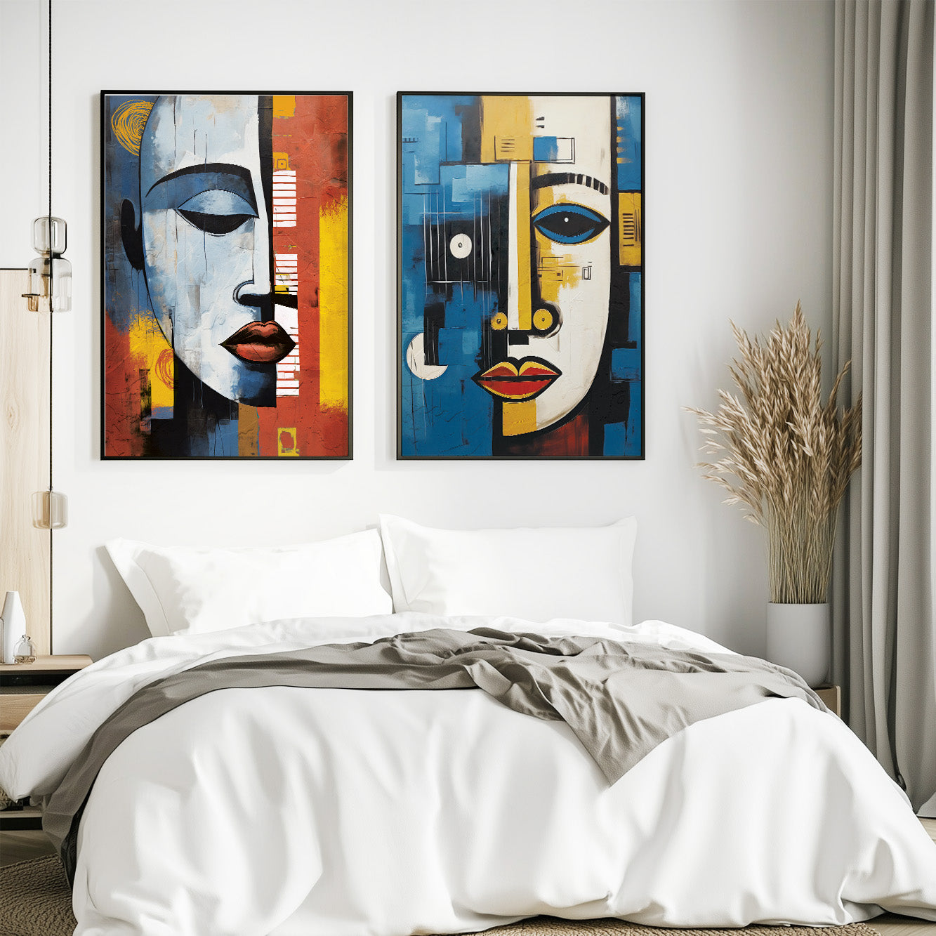 Modern African wall art set of 2 – colorful abstract woman and man portrait prints, above bed art for aesthetic room decor