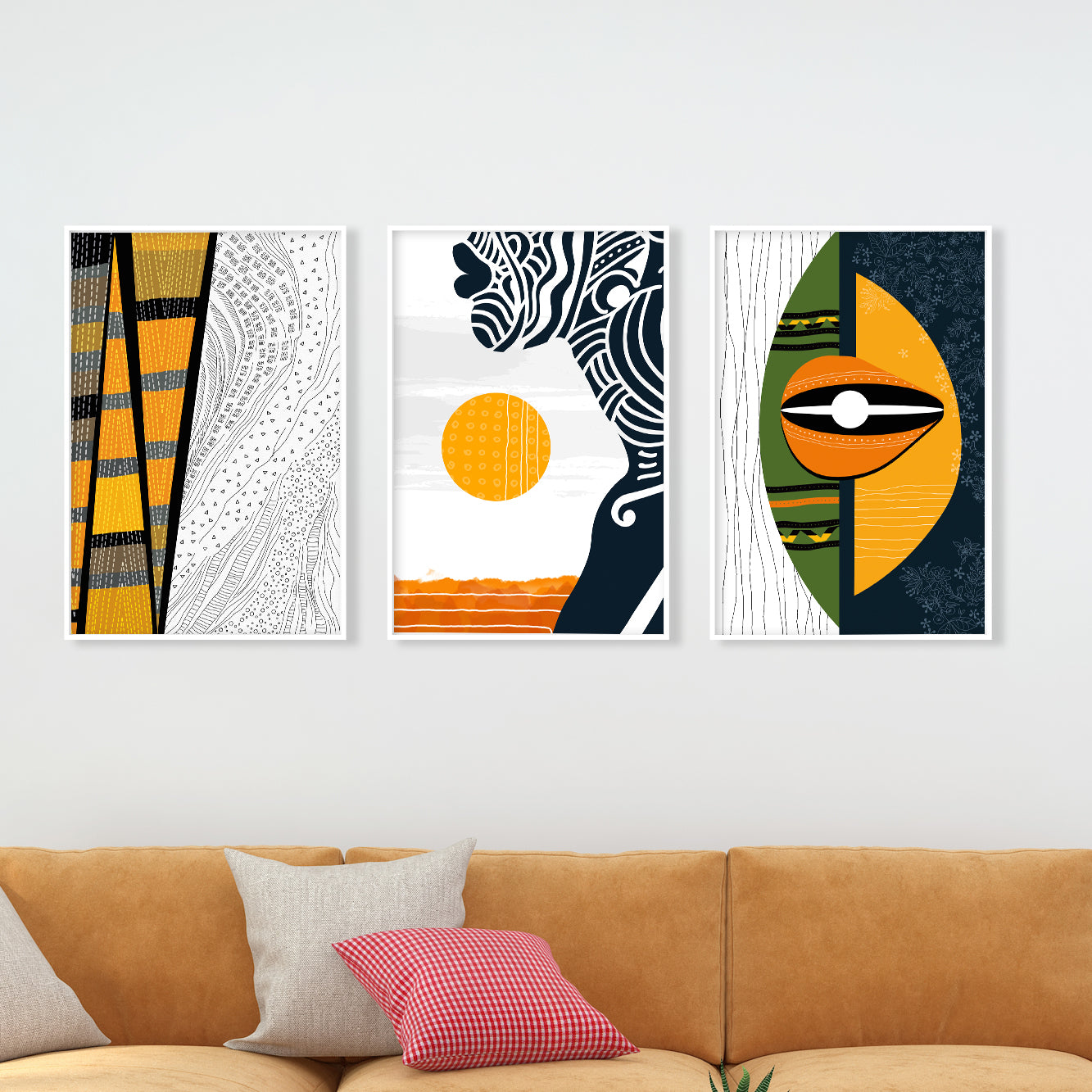 Modern African American art set of 3, abstract black woman portrait for aesthetic room decor