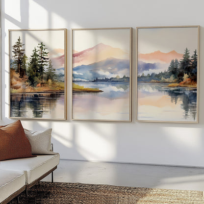 Set of 3 Pastel Mountain Prints – Nature Landscape Wall Art for Eclectic Gallery Wall