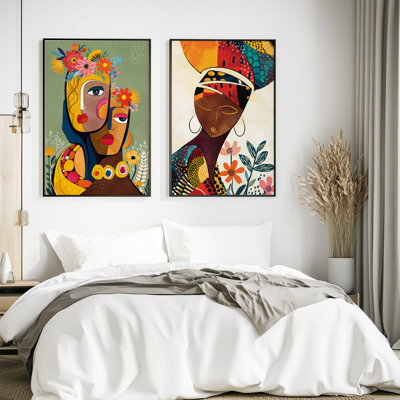 Abstract minimalist African wall art set, 2 prints of black woman and tribal girl face