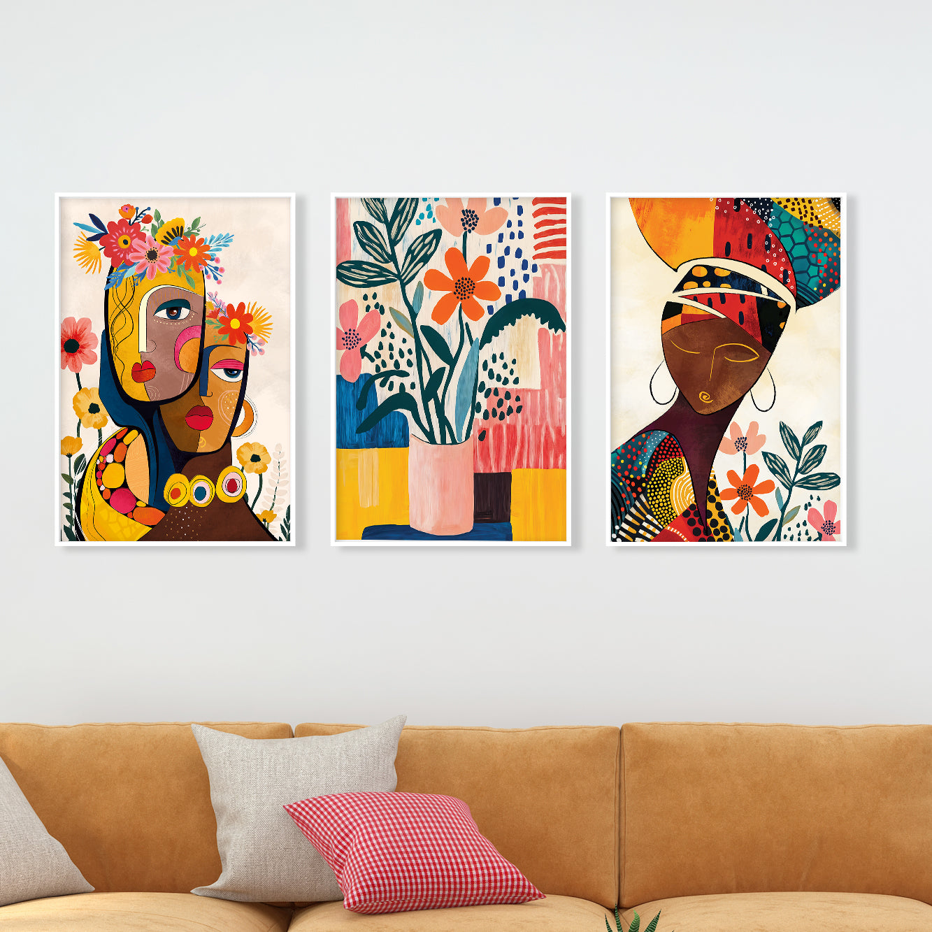 Colorful African wall art set, 3 boho ethnic nature prints for modern aesthetic room decor