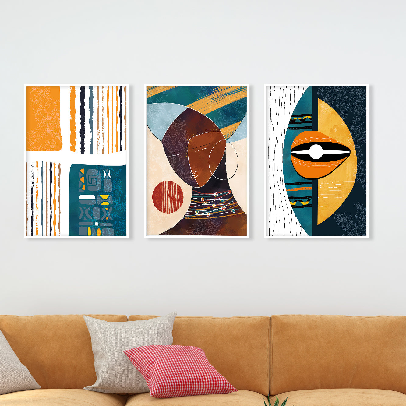 Colorful black woman art set of 3 – modern abstract African American prints, bright ethnic above bed decor