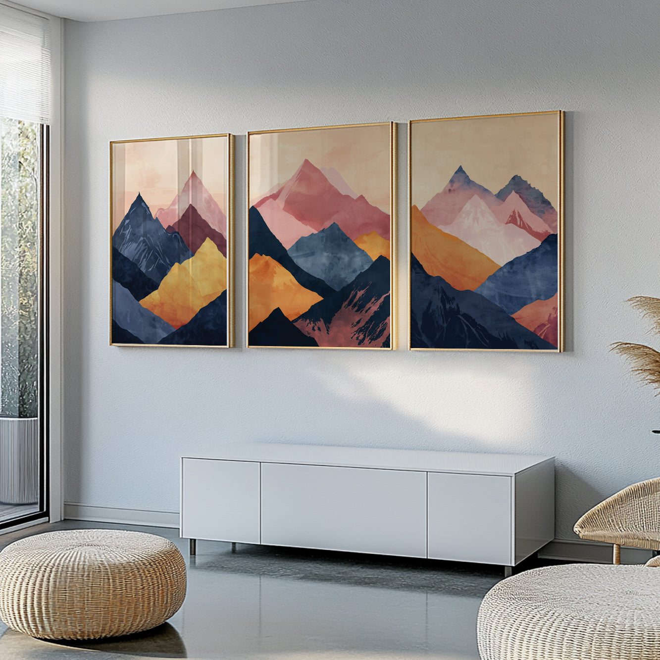 Modern Abstract Mountain Wall Art Set of 3 – Navy Blue and Pink Landscape Decor