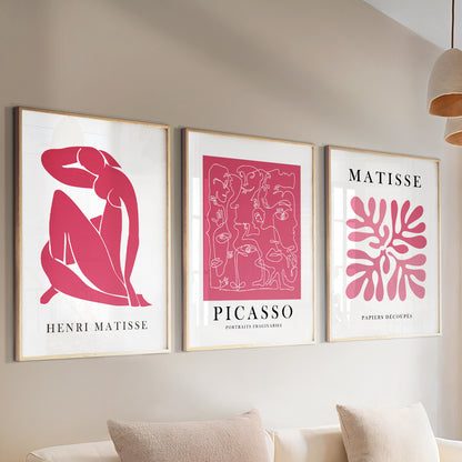 Pink Matisse set of 3 prints. Minimalist mid century gallery wall set, vintage trendy wall art, Henri Matisse print,  aesthetic room decor