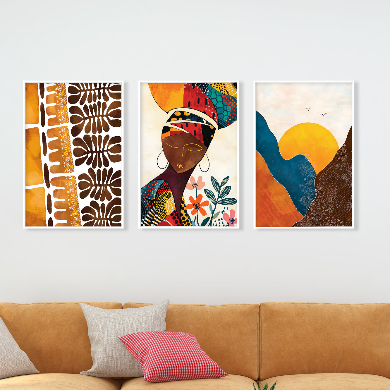 Contemporary African American wall art set – abstract black women portrait prints (set of 3), modern colorful above bed decor