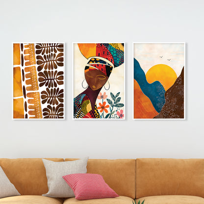 Contemporary African American wall art set – abstract black women portrait prints (set of 3), modern colorful above bed decor