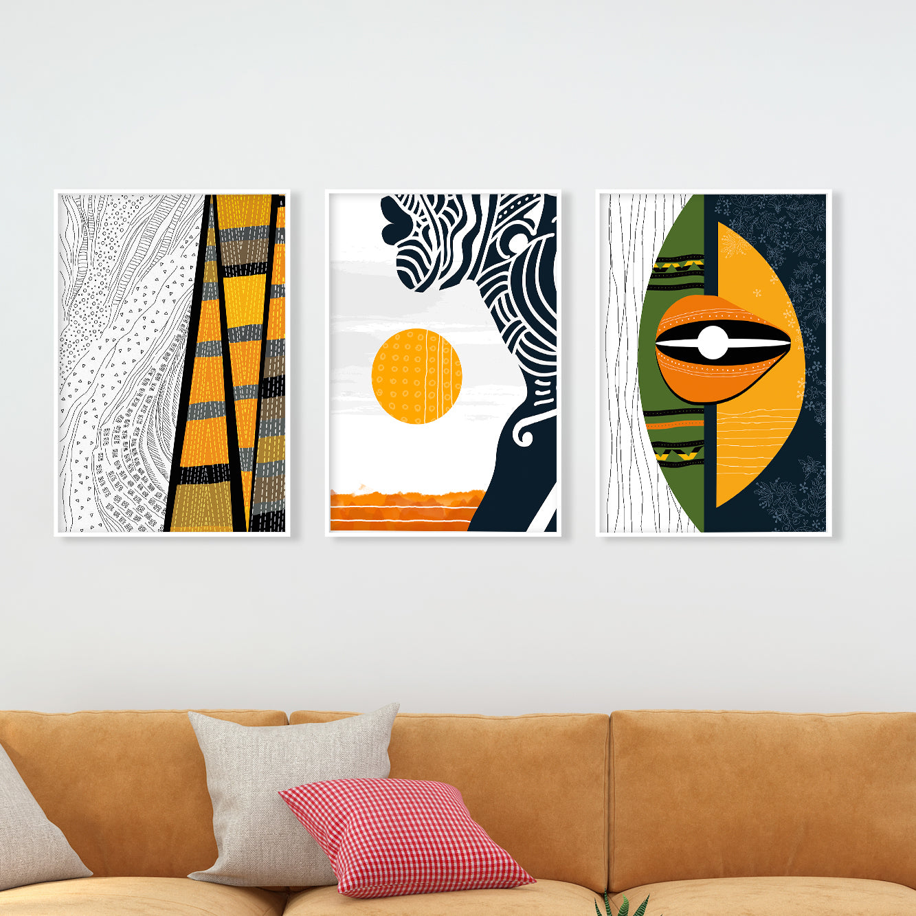 Vibrant African art set of 3, abstract black woman portraits with colorful designs