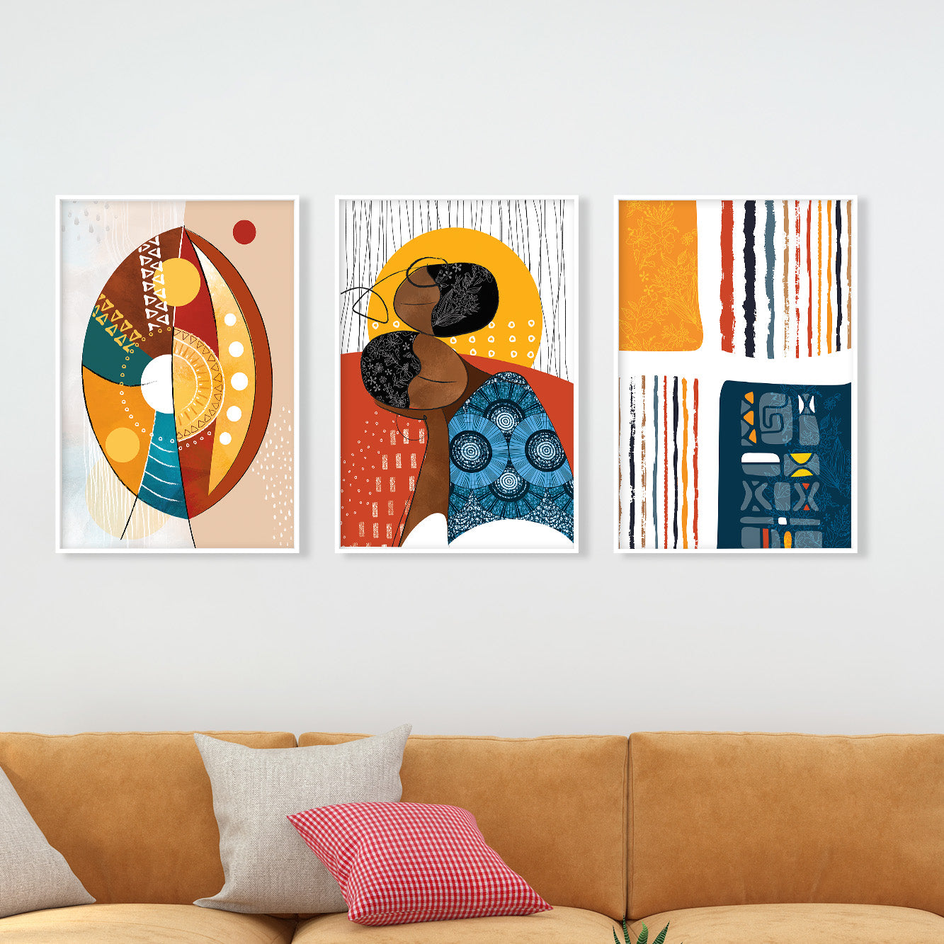 Ethnic modern African American art set, 3 abstract black woman prints for above bed decor or home gift idea