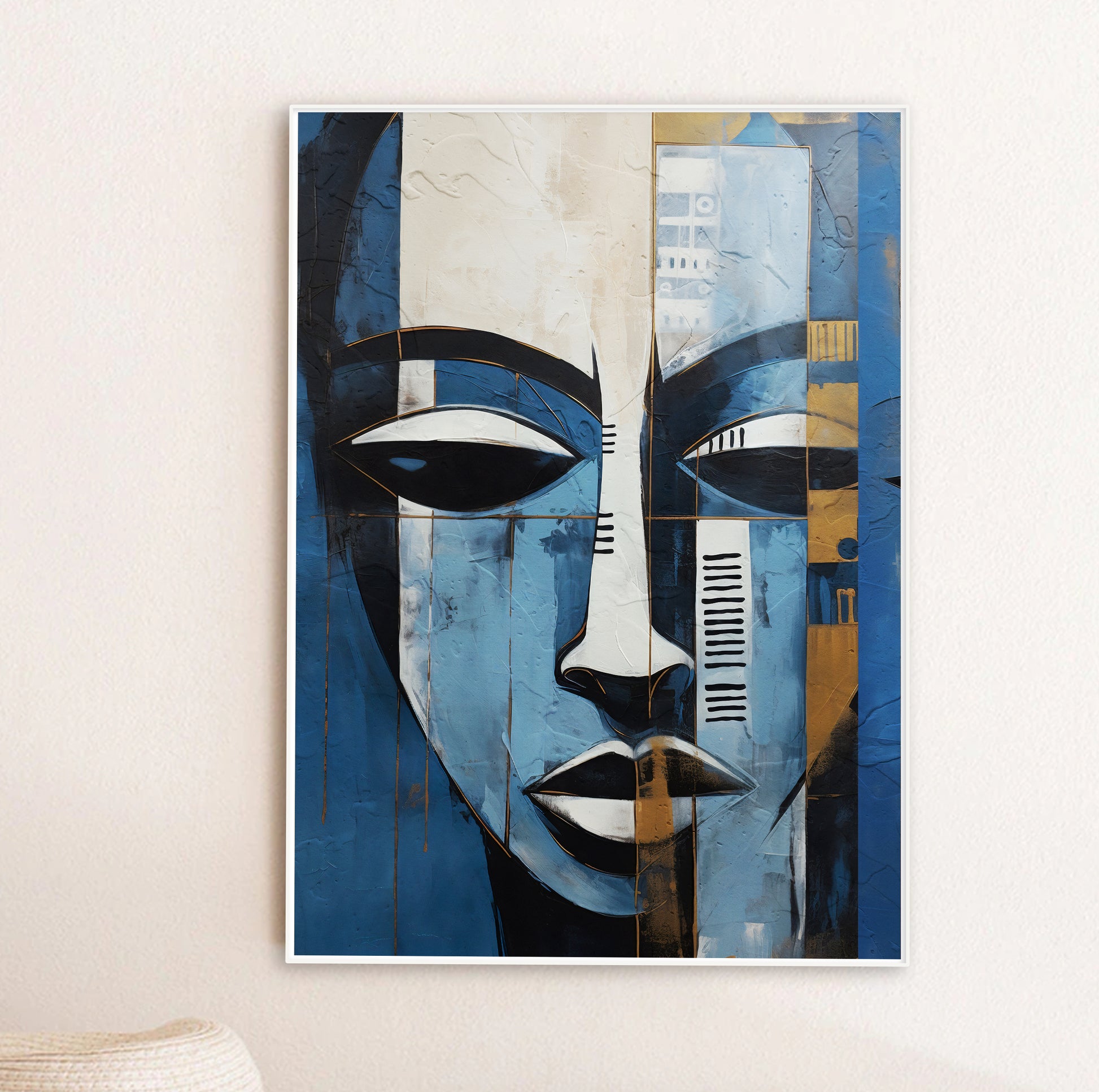 Contemporary African American art – navy blue and grey abstract woman portrait for stylish interiors