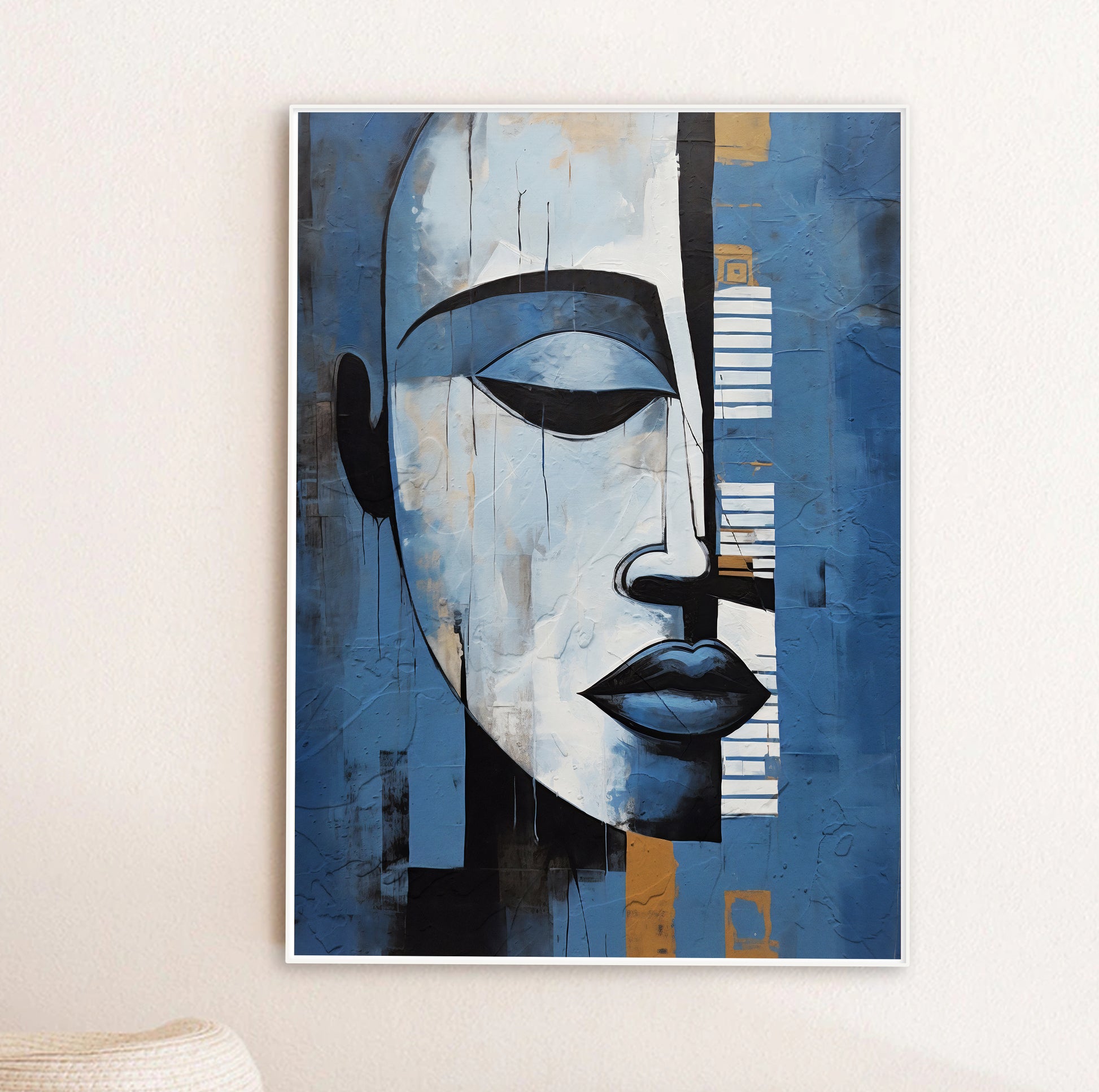 Abstract navy blue and grey portrait – modern African American art, minimalist living room decor