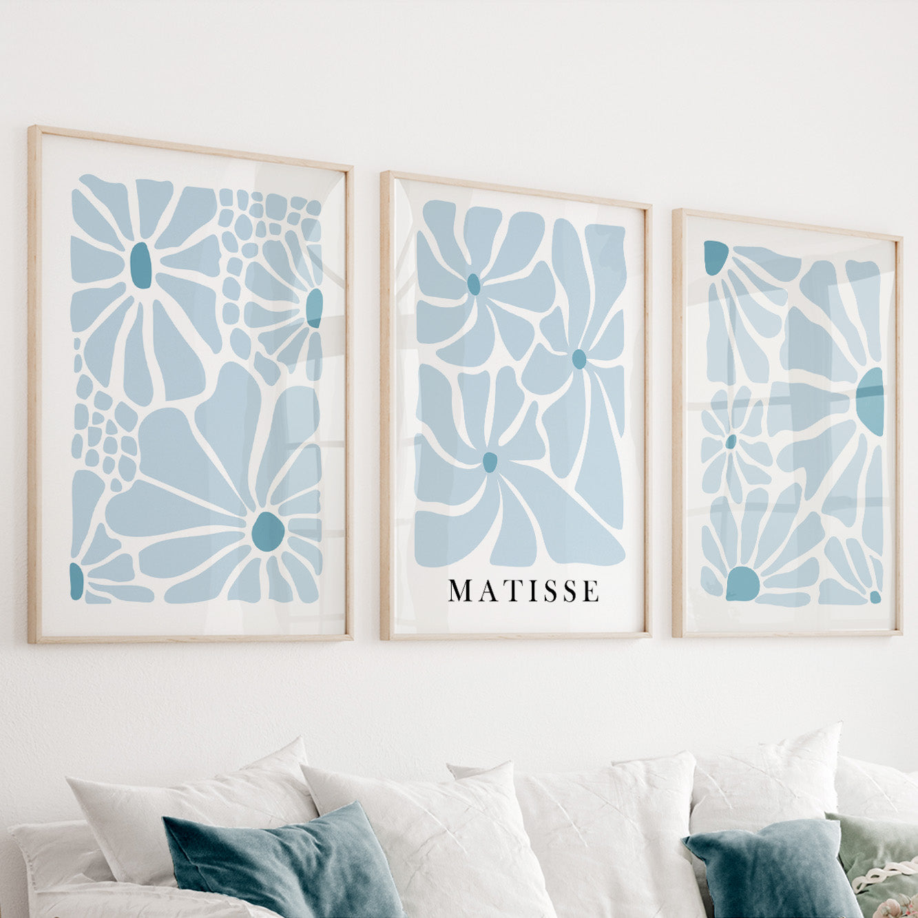 Neutral blue Matisse flower set of 3 print. Light natural minimalist mid century gallery wall set, vintage trendy bedroom wall art prints