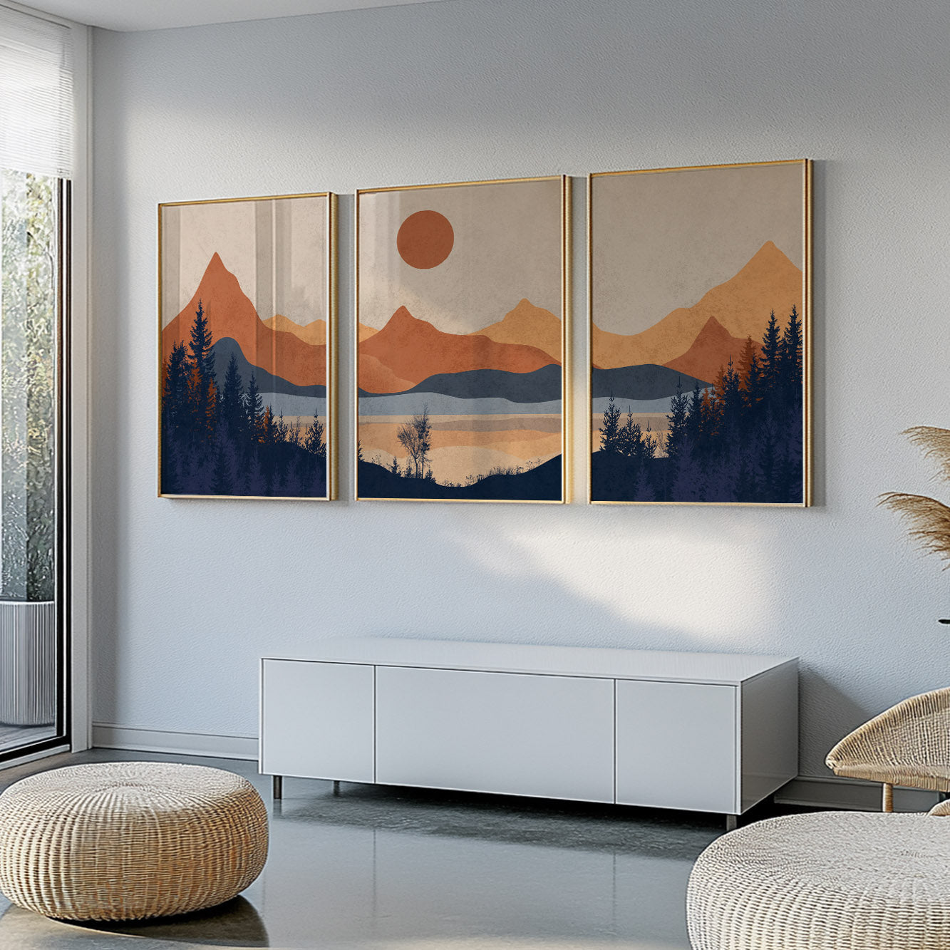 Set of 3 Modern Bright Mountain Prints – Terracotta Blue Minimalist Landscape Abstract Wall Art Posters