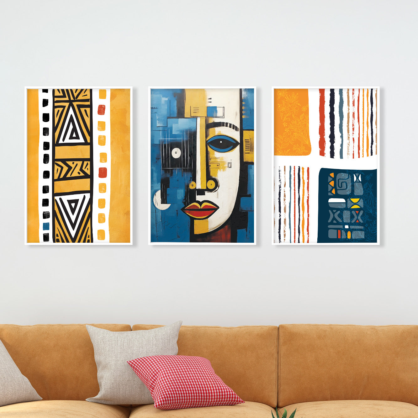 Navy Blue & Yellow African Art Set of 3 – Abstract & Ethnic