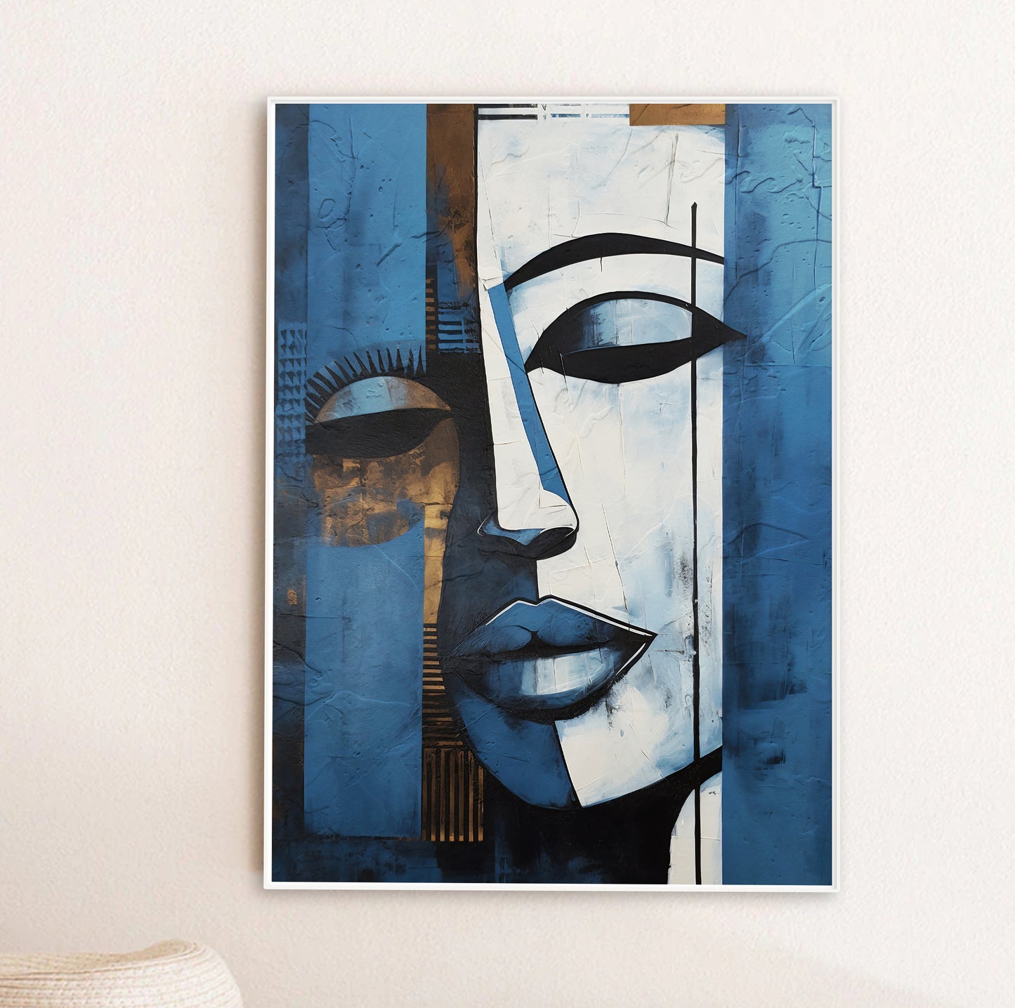 Contemporary African American art – navy blue and grey abstract woman portrait, modern wall art