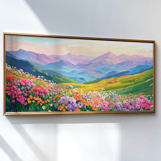 Colorful Mountain Panoramic Wall Art – Wild Flowers Valley Landscape Poster for Boho Living Room