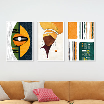 Abstract African American gallery wall set, 3 extra large colorful ethnic posters for modern room decor