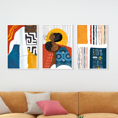 et of 3 modern abstract African prints, colorful ethnic art for extra large gallery wall decoration