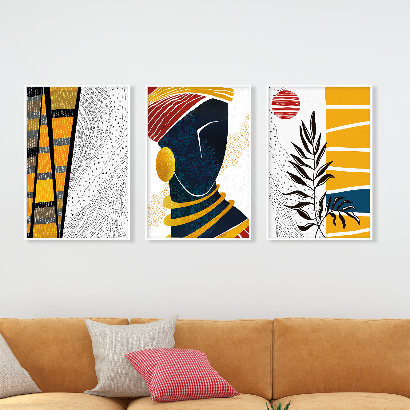 Bright African American art set of 3 – modern black woman posters, abstract ethnic girl face minimalist drawing, home decor