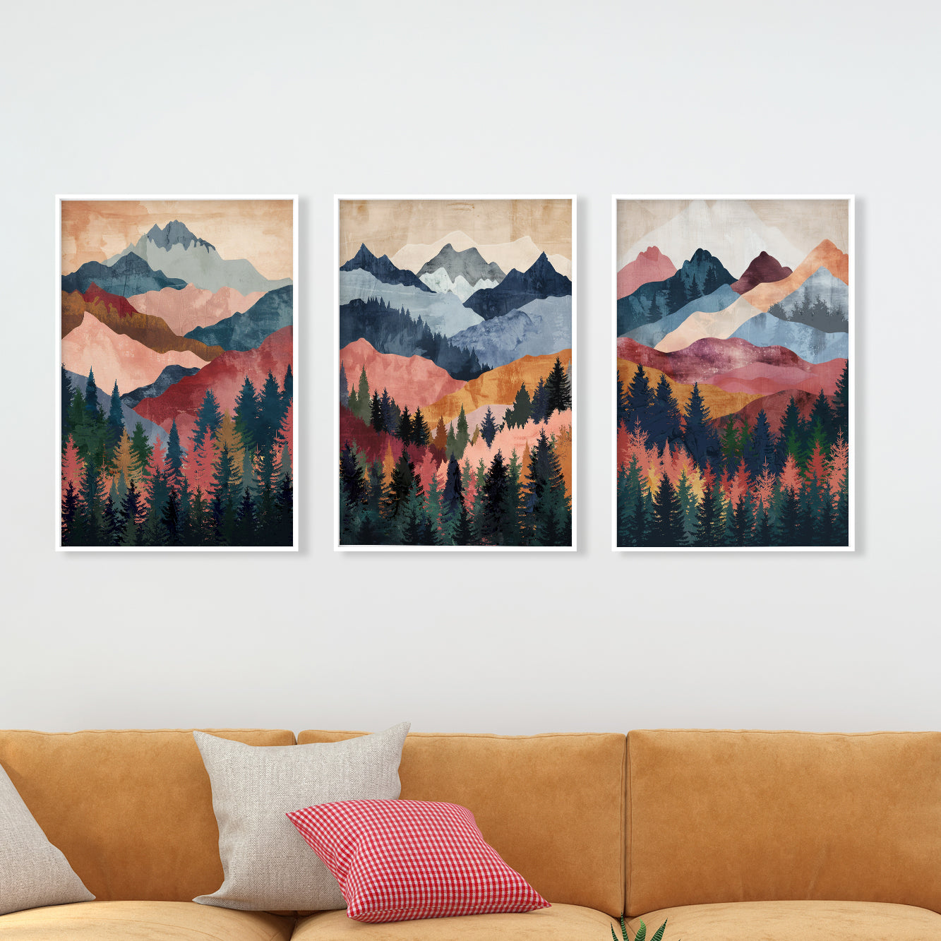 Set of 3 Colorful Mountain Prints – Nature Boho Gallery Wall, Mid Century Modern Art