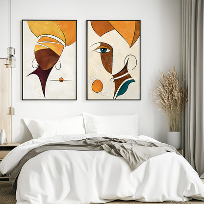 Set of 2 abstract minimalist African American posters, black woman and girl face portraits