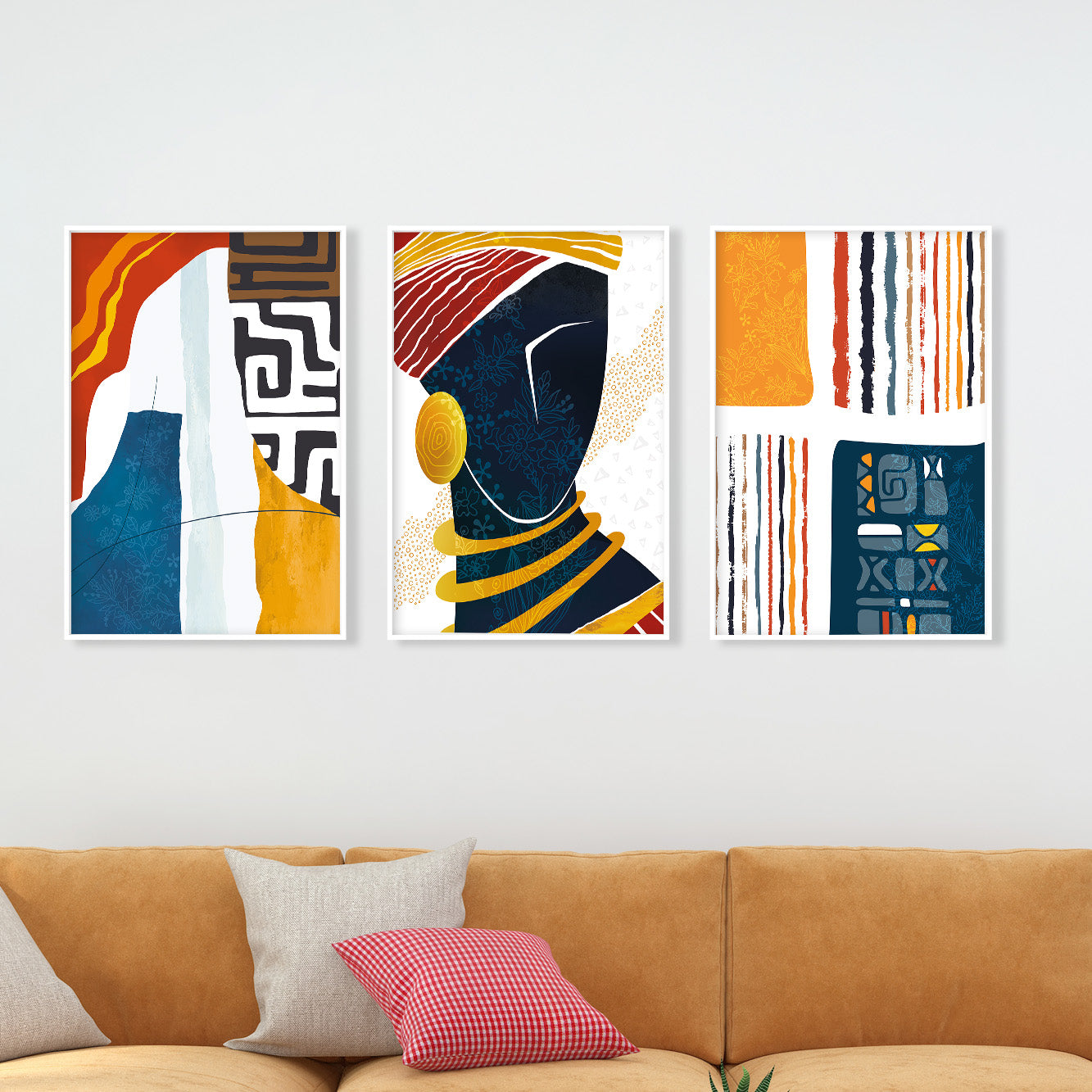 Bohemian African American wall art – abstract black woman prints, set of 3 for aesthetic interiors