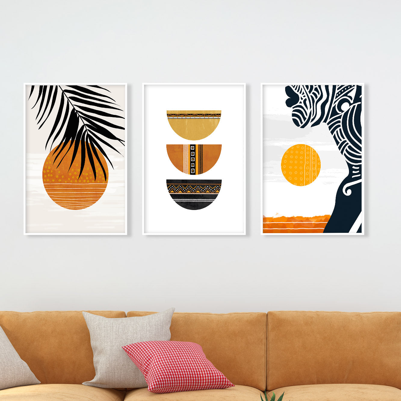 Minimalist abstract African American art set, 3 boho prints with terracotta black woman portraits