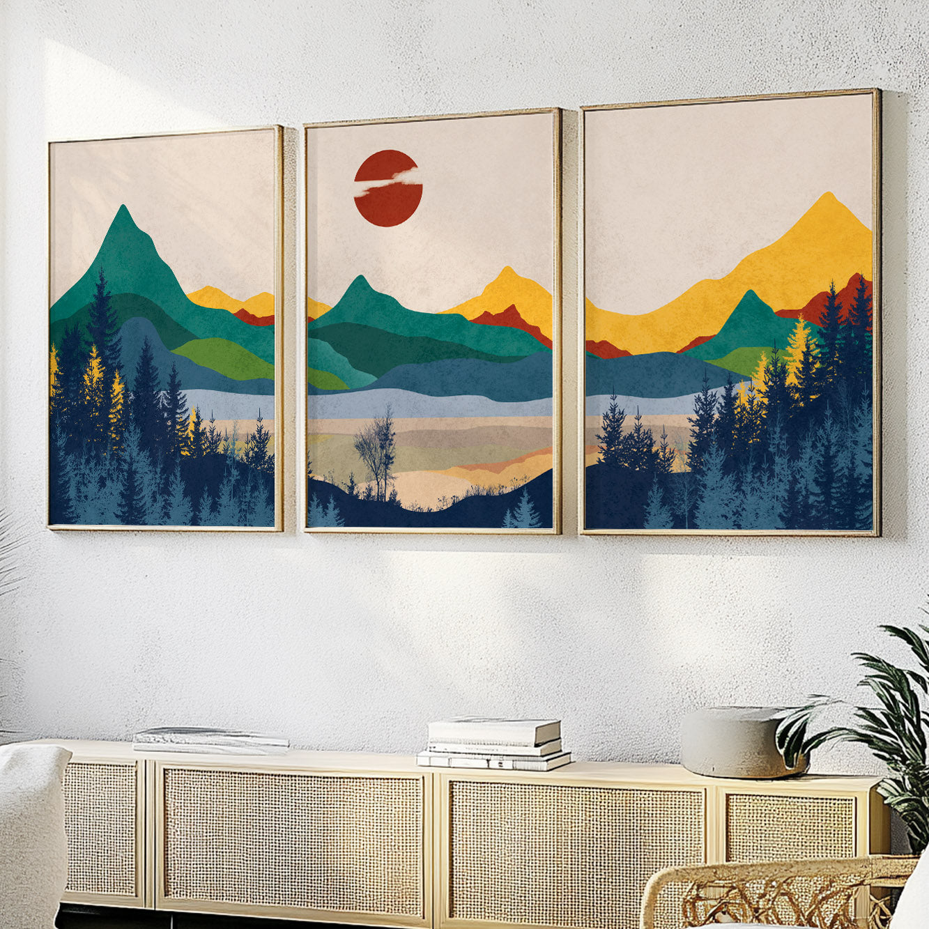 Minimalist Abstract Mountain Set of 3 – Colorful Boho Art Prints, Mid Century Modern Apartment Decor