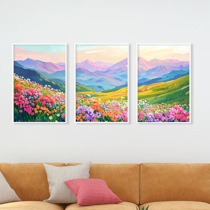 Boho Mountain Wild Flowers Wall Art – Set of 3 Colorful Landscape Posters for Aesthetic Room