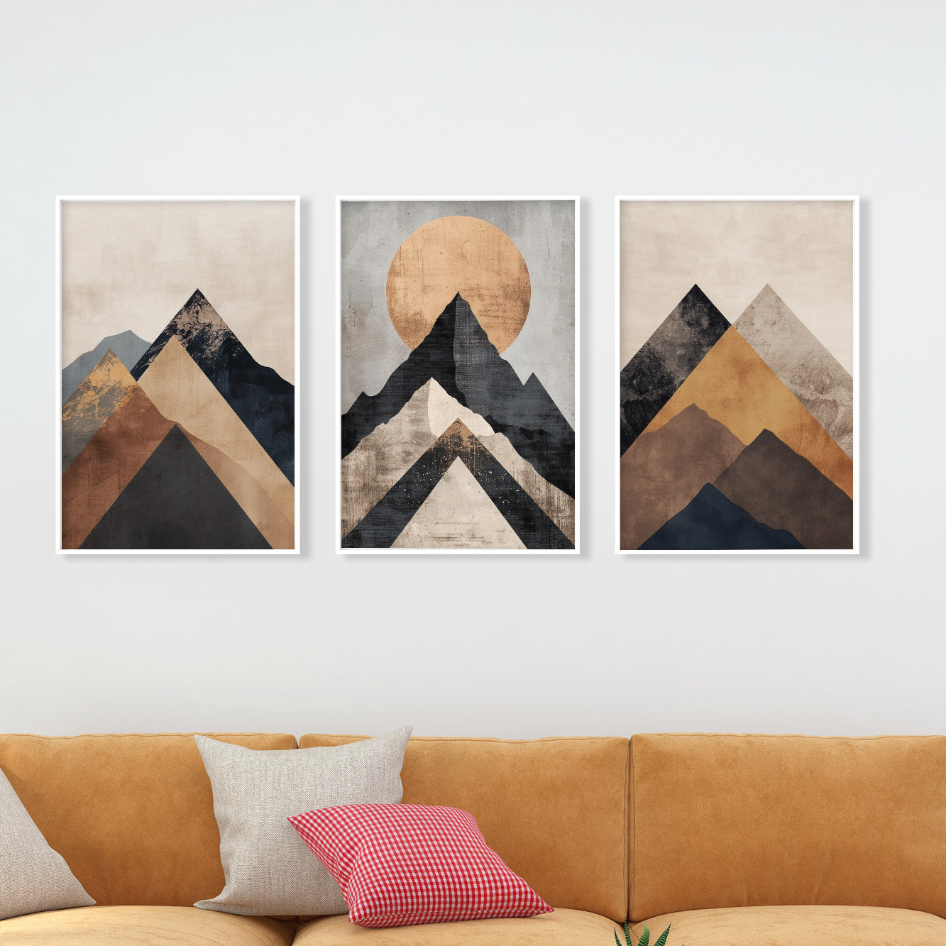 Set of 3 Terracotta Mountain Wall Prints – Neutral Urban Style, Mid Century Modern Aesthetic