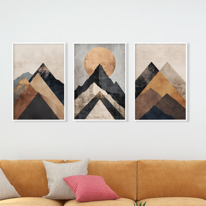 Set of 3 Terracotta Mountain Wall Prints – Neutral Urban Style, Mid Century Modern Aesthetic