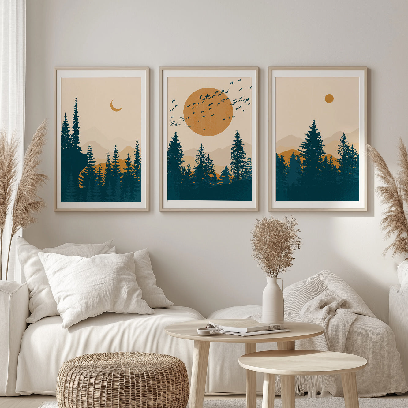 Terracotta Deep Blue Mountain Wall Art Set – 3 Prints of Mid Century Modern Abstract Landscape Posters