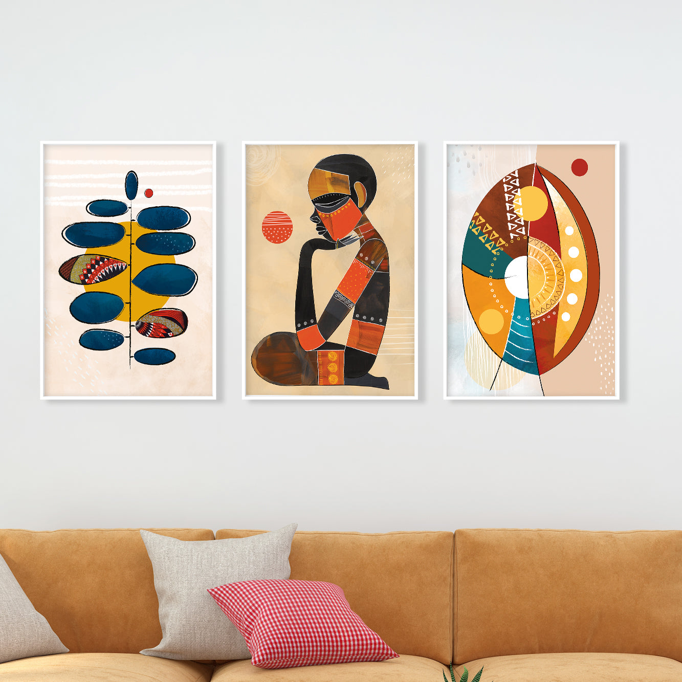 Abstract African wall art set of 3 – contemporary ethnic gallery prints, minimalist above bed art for aesthetic room decor