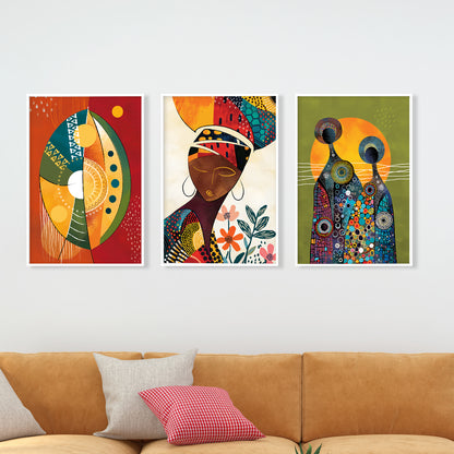 African abstract art set, 3 minimalist black woman portrait prints for living room decor